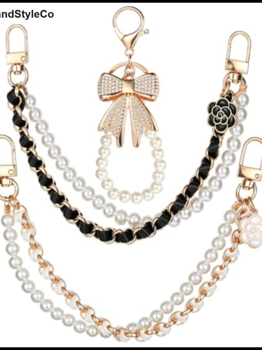 3pc Pearl Purse Chain Set Rhinestone Bow Bag Charm Keychain Strap Extender